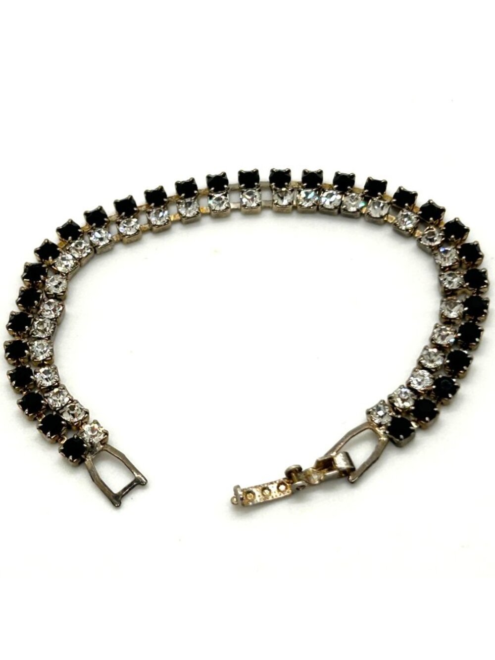 Vintage Tennis Bracelet With Black & Clear Rhinestones Silver Tone 6.5 Inches Lo - Picture 6 of 11